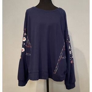 Nurture Navy Blue Floral Embroidered Raglan Sweatshirt -‎ Size XL